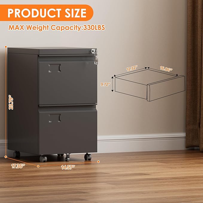 METAN 2 Drawer Vertical File Cabinet with Lock, Mobile Metal Filing Cabinet for Legal/Letter Size, Office Storage File Cabinet Under Desk with Card Holder,Assembly Required, Black