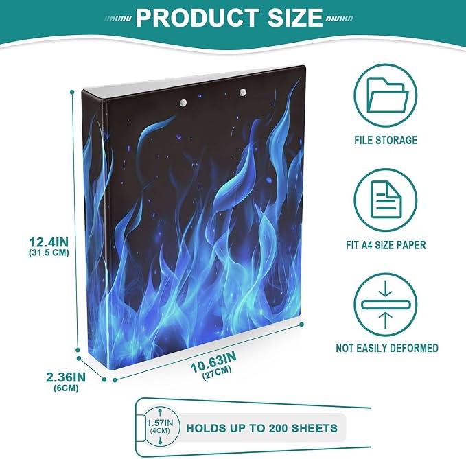ALAZA 3 Ring Binder Blue Fire Clipboard Round Ring Binder Holds 1.5 Inch Three Ring Binder Heavy Duty Ring Binders for Office Supplies, 1Pack