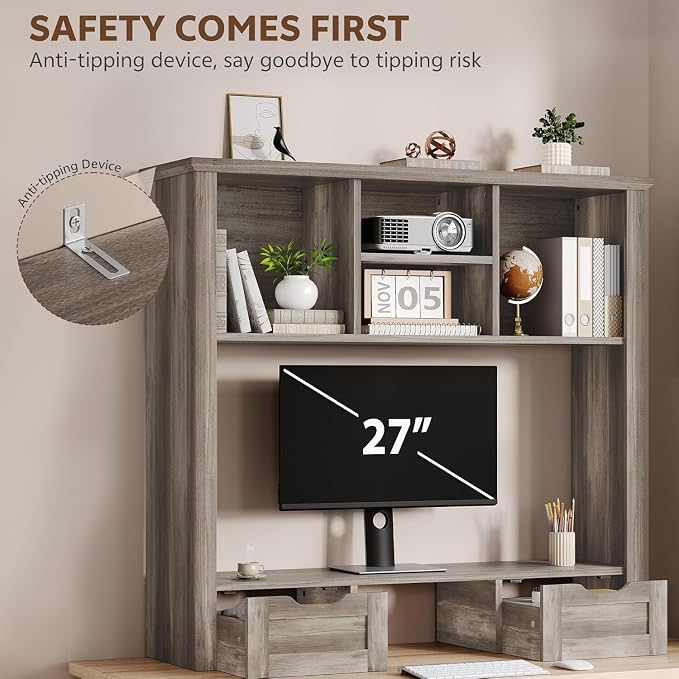 Desk Shelf with Computer Monitor Stand, 37.4''W Desktop Bookshelf | Display Rack, Desktop Organizer Storage Rack with Cubbies & Drawers, 5-Tier Hutch for Home, Office, Dorm, Vanity, Grey