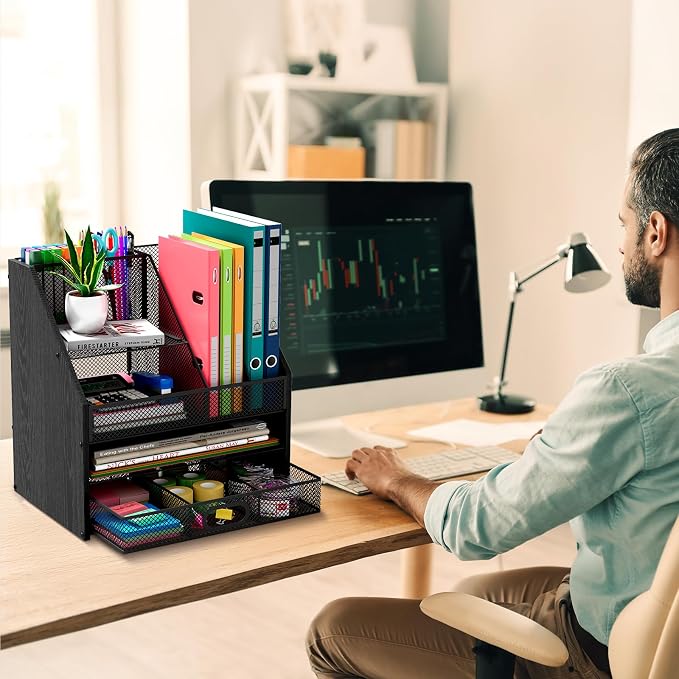 Wooden Desk Organizer - Mesh File Organizer with Drawers and Pen Holder - 4-Tier Vertical Paper Letter Storage Tray, Desktop Organizers and Accessories for Home Office (Black