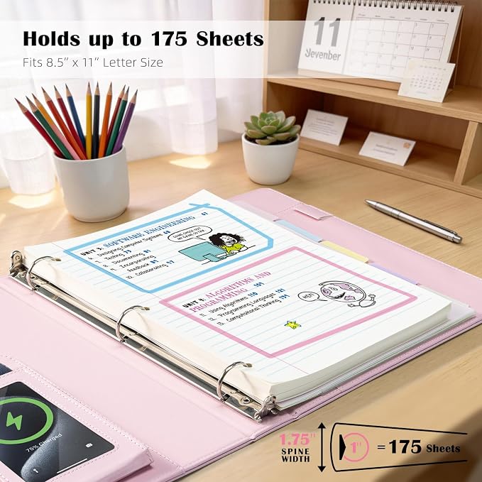 Ospelelf Pink Leather Binder with Magnetic Clipboard, 1 Inch Binders 3 Ring with Storage Zipper Pouch, Pocketed Dividers, Professional Clipboard Folder for School Office Nursing