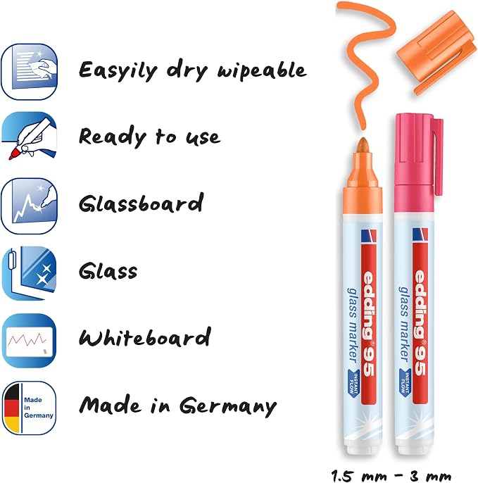 edding 95 Glass Marker - Multi-Colored - 6 Glass pens - Round Nib 1.5-3 mm - Washable Window Marker Pen - for Writing and Marking on Glass Surfaces, Windows, glassboards, whiteboards - Dry-wipeable