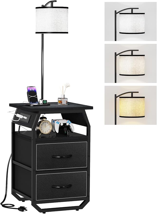 runjuly Floor Lamp with Table, End Tables with Lamps Attached 3-Color Temperature Bulb, Side Table with Lamp with 2 Drawers & Charging, Lamps Tables Combo for Bedroom, Dorm, Apartment - Black