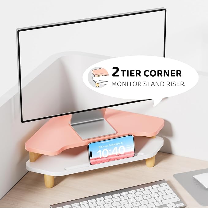 AFOOYO Monitor Stand Riser,2 Tier Corner Wood Sturdy 16.5In Computer Stand, Multi-Purpose Desktop Storage Stand for Laptop,PC,iMac,Printer,Computer,Pink