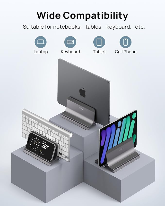 Vertical Laptop Stand for Desk, Aluminum Laptop Holder Compatible with MacBook Pro, MacBook Air Stand Up to 17 inch, Gravity Auto-Lock Cooling, 3in1 Space Saving Desk Organizer Accessories, Gray