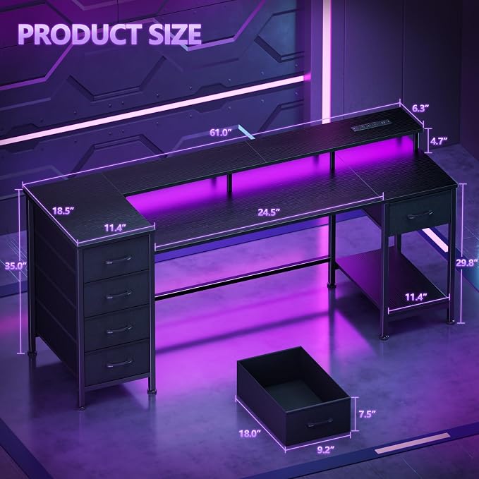 Korfile 61 Inch Gaming Computer Desk with Power Outlets,LED,5 Drawers,Black | For gaming and working,built-in power outlets and LED lights,5 fabric storage drawers, ffits 61-inch, monitor stand,black