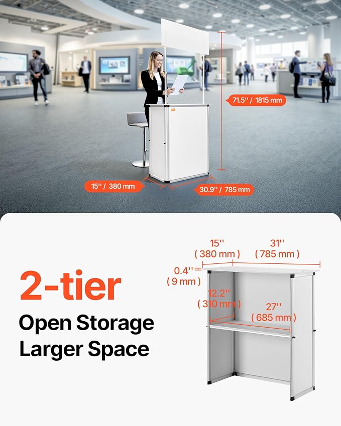 VEVOR Promotion Counter Table, Portable Tradeshow Podium Table, 30.91" x 14.96" x 71.46", Display Exhibition Counter Stand Booth Fair with Wall, Pop Up Podium with Storage Rack/Carrying Bag