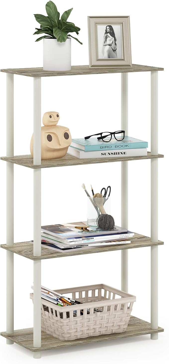 Furinno Turn-N-Tube Toolless 4-Tier Storage Shelves, Sonoma Oak | Wide Open Frame Book Shelf, Corner Shelf, for Organization, Living Room, Garage, Home Office