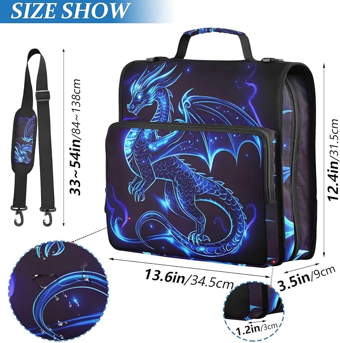 Dragon Blue Black 3 Ring Binder Bag 1.5 inch Binder Organizer with Zipper Shoulder Strap 500 Sheet Documents Storage for School Office