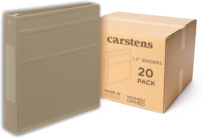 Carstens 1.5-Inch Heavy Duty 3-Ring Binder - Side Opening, Taupe, Durable Plastic, No-Gap Rings, Waterproof Covers, No Pockets, Holds 250 Letter-Size Sheets, BPA-Free, Made in USA (2046-3R) Case of 20