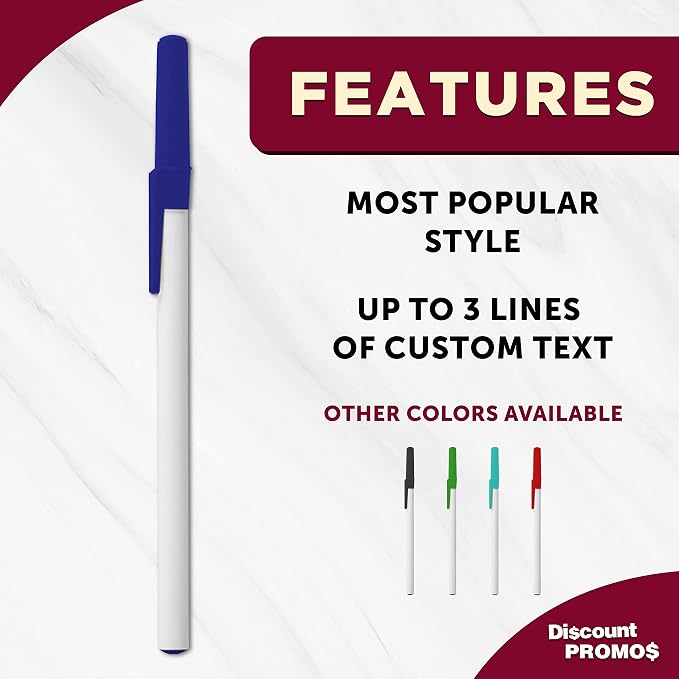 DISCOUNT PROMOS Value Stick Pens Set of 10, Bulk Pack - Black Ink, Great for Office, School, Business, Tradeshows, Events - Blue