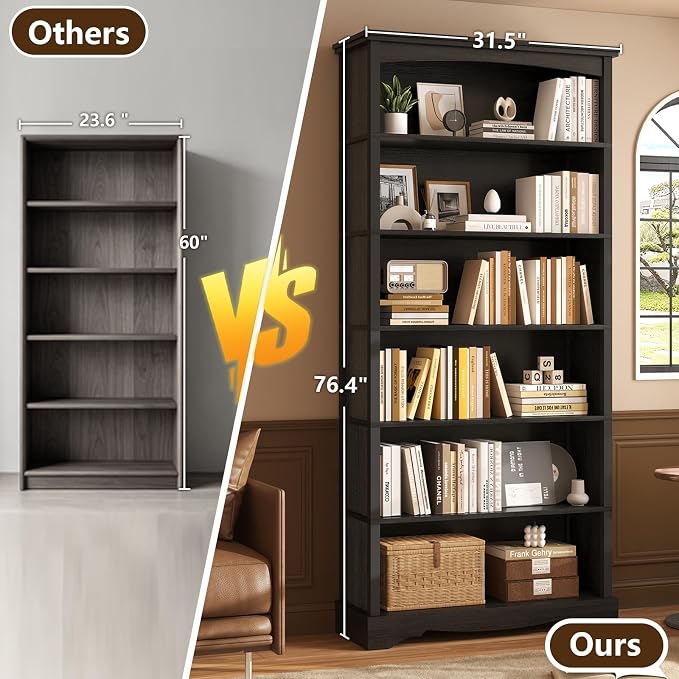 TVU 6-Tier Wooden Bookshelf, 76 Inch Tall Bookshelf with Storage, Floor Standing Modern Style Display Bookcase for Living Room, Office, Study Room, Entryway, Black