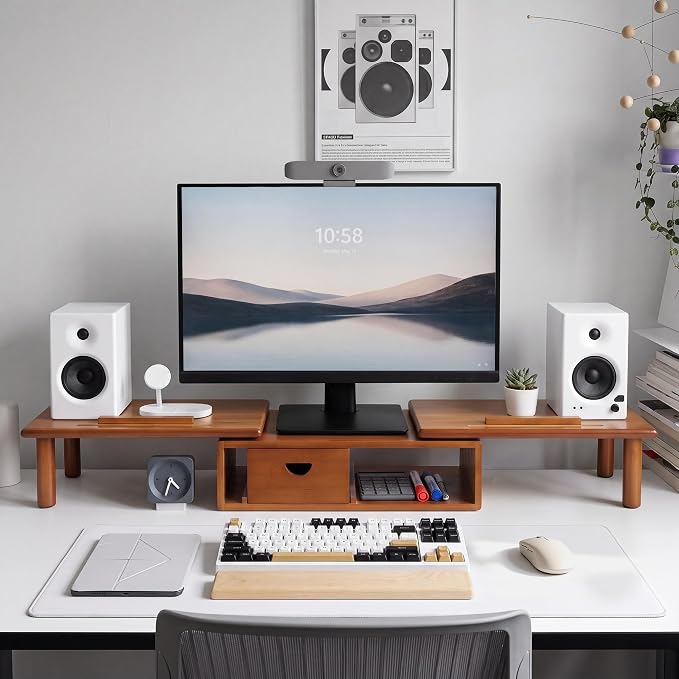 Dual Monitor Stand Riser with Drawer for Desk Laptop | Desk Shelf with Adjustable Length and Angle, Bamboo Computer Stand Riser for 2 or 3 Monitors Screen Laptop PC TV Brown