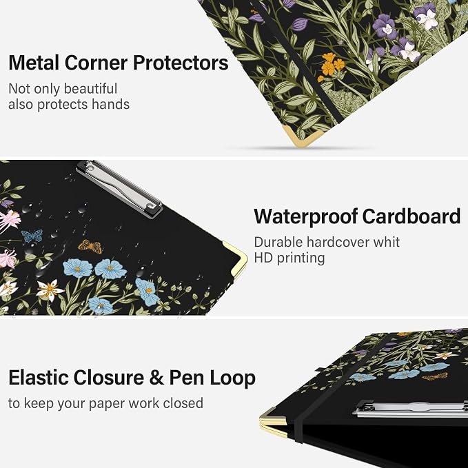 3 Ring Binder 3 Inch Ring, 2 Interior Pockets, 5 Tab Dividers, Low Profile Clipboard with Storage, Floral Cute Binder and Labels Stickers for School Office-Blue Florals-Wild Flower