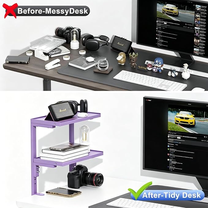 2-Tier Desk Shelf | Desk Organization Expandable Clamp on Desk Shelf Desktop Accessories for Offices and Game Rooms (Purple)