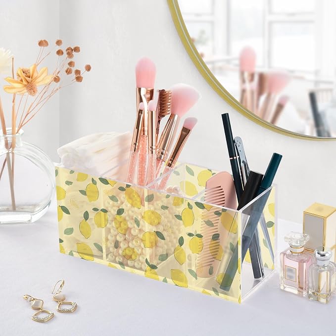 Lemon Fruit Acrylic Pen Holder 4 Compartments with Prints, Desktop Makeup Brush Organizer Cutlery Acrylic Organizer Pencil Plastic Organizer Personalized Printed Pen Holder