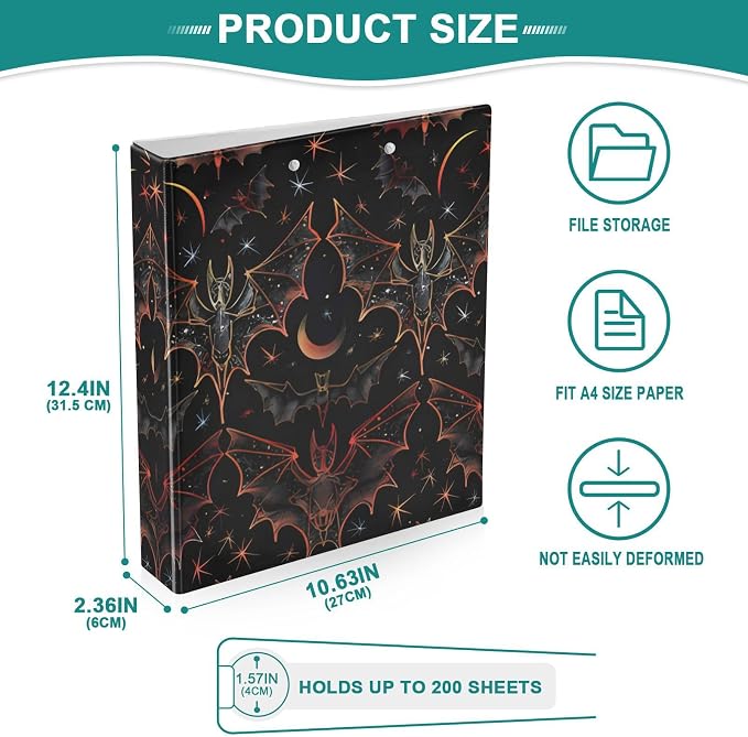 3 Ring Binder, Goth Bat Star File Folder Holds 200 Sheets File Storage for Women Men School Office Supplie