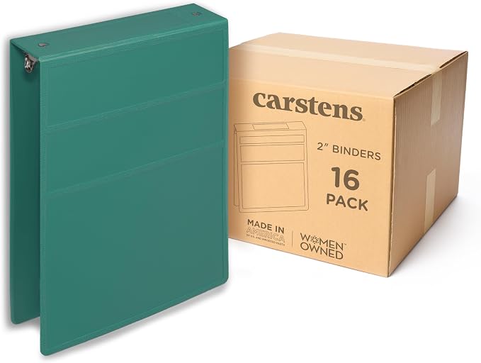 Carstens 2-Inch Heavy Duty 3-Ring Binder - Top Opening, Teal, Durable Plastic, No-Gap Rings, Waterproof Cover, No Pockets, Holds 300 US Letter Sheets, BPA-Free, Made in USA (5872-3R), Case of 16