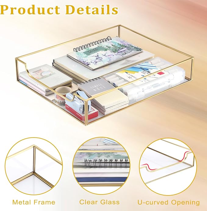 BTSKY 2 Pack Golden Glass Desk Tray, Multi-Purpose Organizer for A4 Paper, Documents, Desk Supplies, Makeup, Clear File Tray with Metal Frame, Stackable Decorative Storage for Home Office Vanity