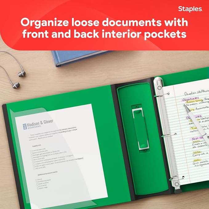 Staples Heavy-Duty 3-Inch D-Ring Binder, Green, Holds 600 Sheets | Large-capacity 3-ring binder with pockets for document storage.