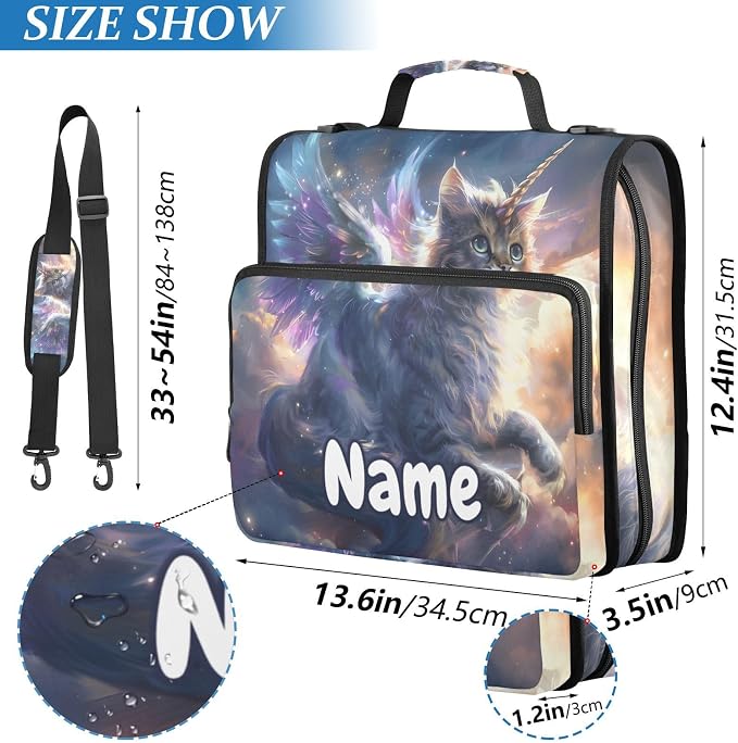 Custom Unicorn Cat with Wings 3 Ring Binder Bag 1.5 inch Personalized Name Binder Organizer 500 Sheet Documents Storage for School Office