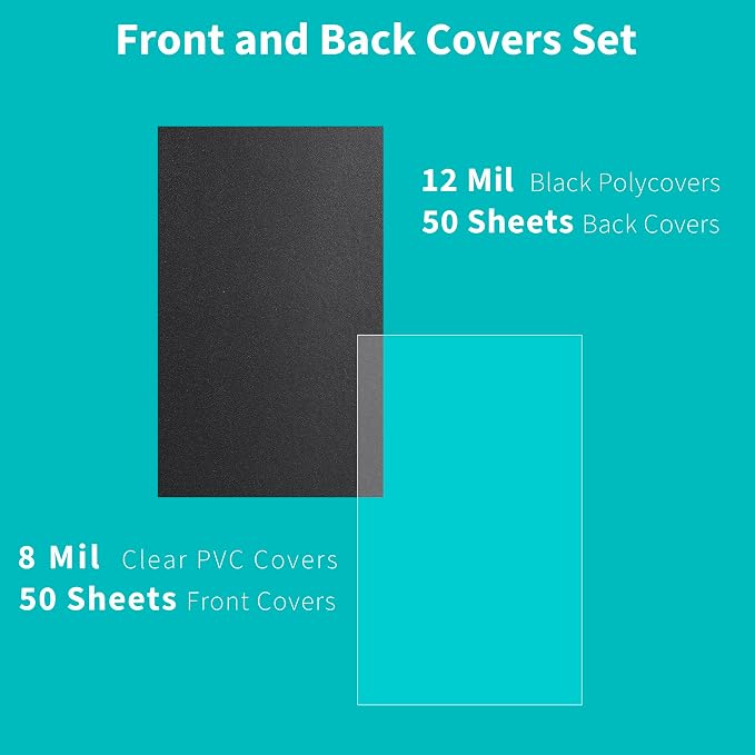 Binditek 100 Pack Binding Covers Set, 8.5x14 Inches, 8Mil PVC & 12Mil Poly | Binding Covers Set, 8.5 x 14 Inches Legal Size, 8 Mil Clear PVC Front, 12 Mil Black Poly Back, Square Corners, Unpunched