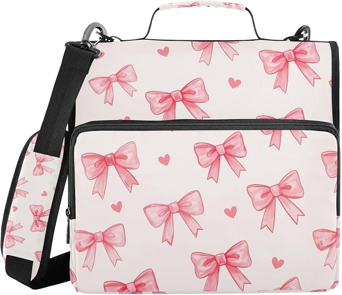 3 Ring Zipper Binder with Shoulder Strap Pink Bows Red 2 Inch Zippered Binder Bag 500 Sheet Capacity Multi Pockets for School Supplies