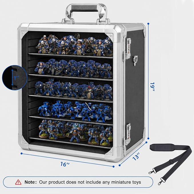 Miniature Carrying Case for Wargame Figures, Mini Display Case, X-Large | Aluminum Alloy, 6 Metal Trays, Combination Lock, Shoulder Strap, Storage Case for Collectibles, Tabletop Figure