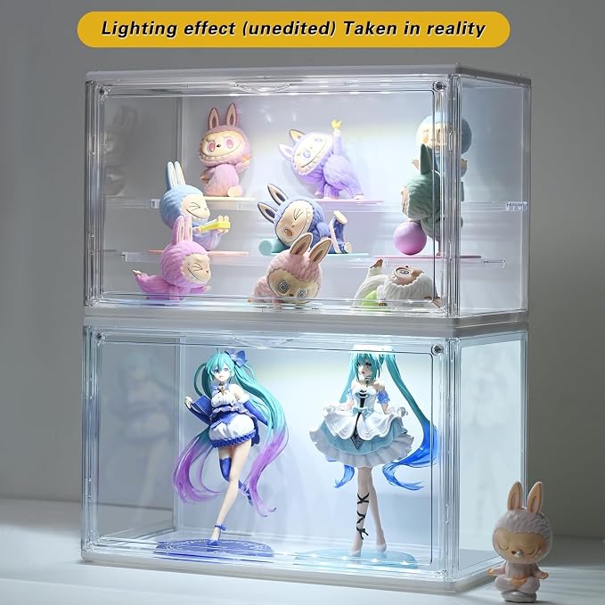 GUDEMAY Acrylic Display Case with Light, Clear Showcase with Adjustable Shelf Risers, Stackable Storage Bins for Collectibles, Action Figure, Popmart (L-3 Pack)