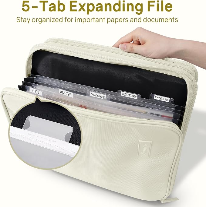 SUNEE Zippered Binder Bag with Handle, 2-Inch 3-Ring O-Ring, 500-Sheet Capacity, Includes Zip Pocket, 5-Tab Expanding File Folder, Multi-Pocket Organizer Binder for Middle School, Soft Beige