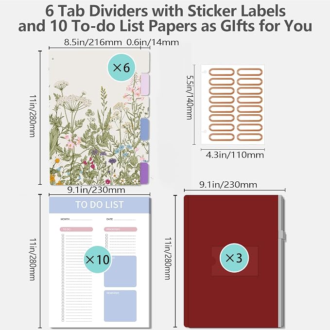 3 Ring Binder, 1 Inches Cute Round Ring Binder with Clipboard, Dividers Tabs, PVC Zipper Bag Sleeves & to Do List Planners, Decorative Binder School, Office Supplies-Garden Flowers