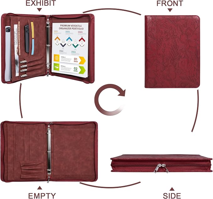 Vintage Red Embossed Vegan Leather Binder Portfolio for Women,3 Ring Portfolio Binder with Zipper, A4 PlannerBinder with Laptop Pocket, Legal Size Padfolio,WorkBinder Organizer for Women Padfolio