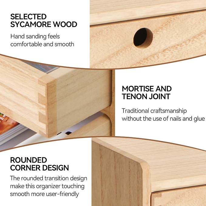 KIRIGEN Wooden Desk Organizer with 3 Drawers and Top Tray Natural DT2D3C-NA | 3-Drawer Cabinet with Top Shelf Stores Papers, Office Supplies, Cosmetics, Crafts, and Small Accessories on Desks or Counters
