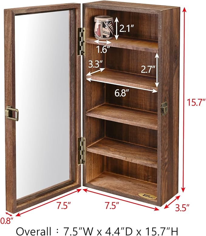 Ikee Design Wood 5 Shelf Wall-Mounted Case Display,Tempered Glass Door | Wall Mounted Wooden Collectible Display Case 5 Shelf Display Storage Accessories with Tempered Glass Door, Brown Color
