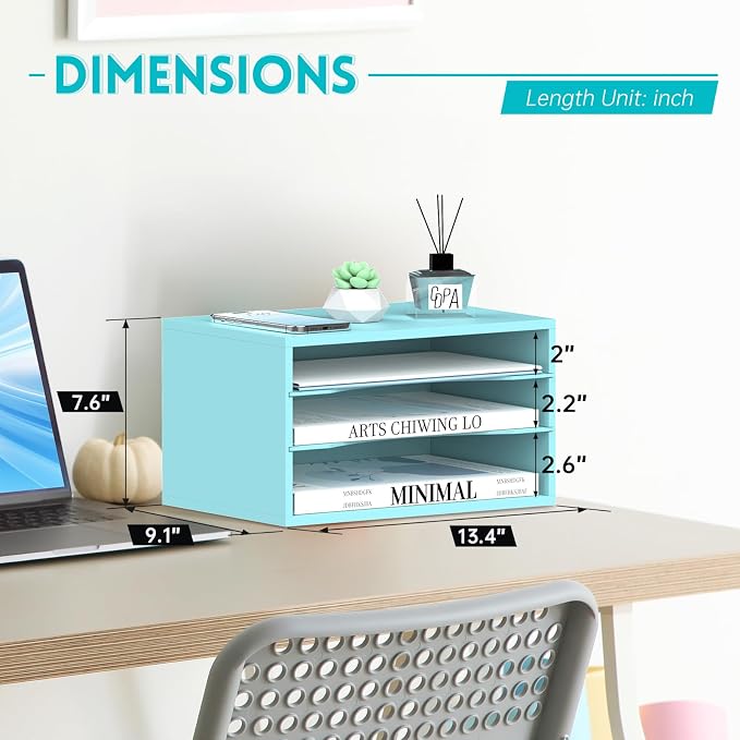3 Tier Wood Desk Organizer, Mail Sorter and Paper Organizer for Desk, Blue | Wooden Desktop Organizer for Sorting Papers, Letters and Mails, Literature Organizer for Home Office, Classroom Organization