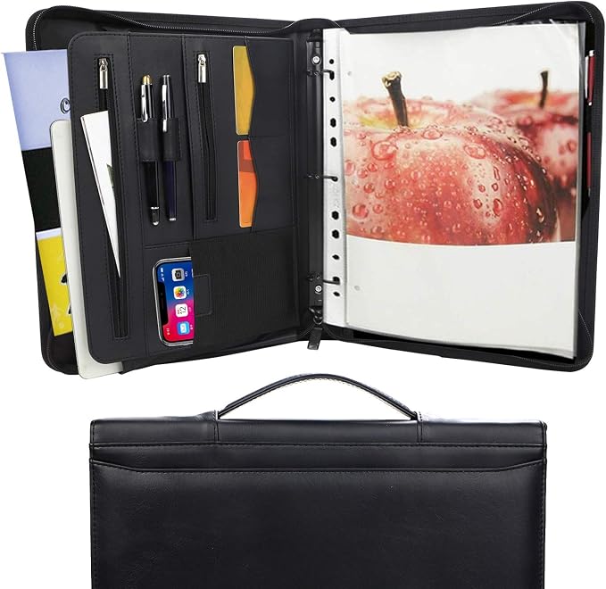 Portfolio 3-Ring Binder Organizer with Handle Zippered Padfolio Writing Pad Legal Size Notebook Business Folder Resume Interview for Men Women, Black
