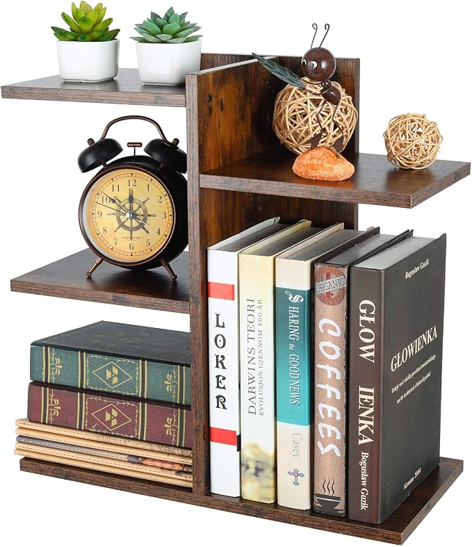 Wood Desktop Shelf Small Bookshelf Desk Supplies Organizers and Accessories Storage Display Rack Office Decor for Women, Antique Brown