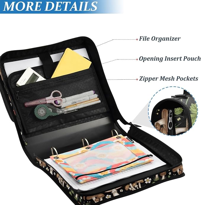 Zipper Binder Bag 3 Ring File Folder Portfolio Organizer Zippered Binder Bags with Strap Fits Laptop Women Men