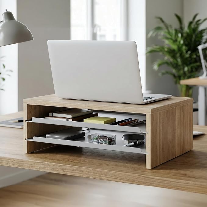 Fenge 14.3-Inch Monitor Stand with Slide-Out Trays, Wood & Metal Desk Shelf | 3-Tier Space-Saving Desk Storage Organizer, Fits Computer, Laptop, Printer and Telephone