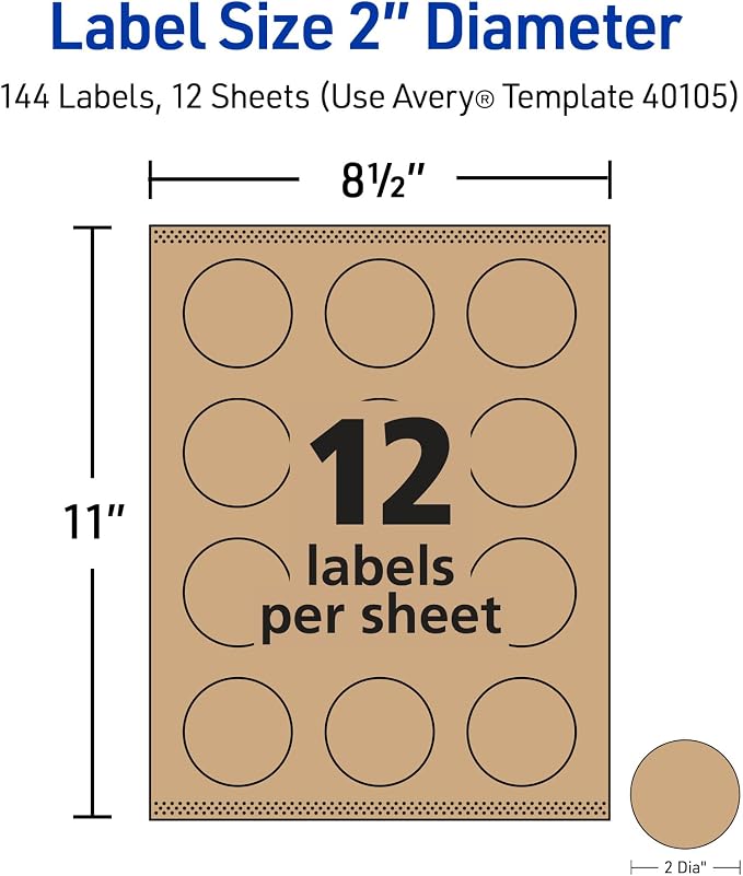 Avery Round Labels, 2" Diameter, Kraft Brown, Sure Feed Technology, Print-to-The-Edge Capability, Laser/Inkjet Compatible, 144 Printable Labels Total (40105)
