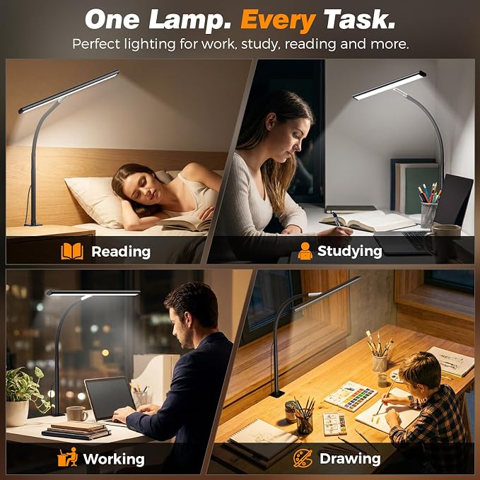 Airlonv LED Desk Lamp with Clamp, 17" Stepless Dimming Light, Black | 2700K-6500K, 100 LEDs, 360° Gooseneck, Fits Up to 30" Monitors, Flicker-Free Lighting for Home Office, Study& Workbench