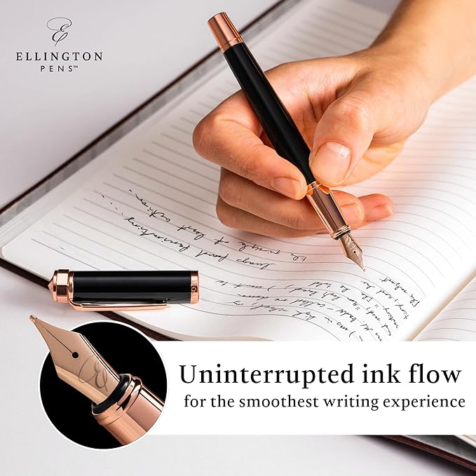 Ellington Pens Luxury Fountain Pen Set - Smooth Fine Nib- Includes 3 Ink Cartridges, Refillable Ink Converter, Gift Box- Fountain Pens For Writing, Calligraphy, Journaling, Sketching (Midnight Rose)