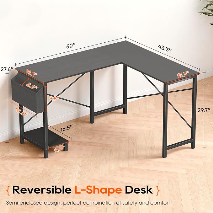 FDW 50 Inch L-Shaped Desk,Gaming Desk Computer Desk with Side Storage Bag & CPU Stand,Corner Desk for Home Office,Bedroom,Writing & Gaming,Black