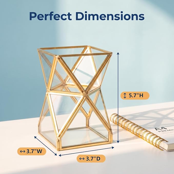 JIARI Glass Pen Holder Cup for Desk, Pencil Cup Holder, Gold Brass Frame Glass Pen Cup for Desk Office Pen Organizer 3.7 x 3.7 x 5.7 inche (Pencil Holder-D07B)