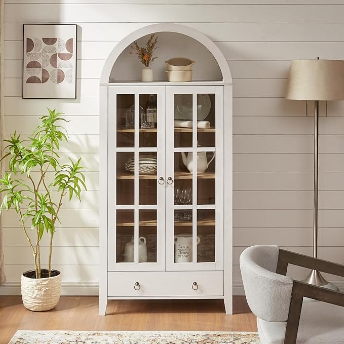 RowyPoey 71" Tall Arched Cabinet Bookshelf with Glass Door & Storage Drawer | Modern Farmhouse Display Cabinet,Adjustable Shelves,Wooden Kitchen Pantry for Dining Room,Living Room,Antique White,2 Pack