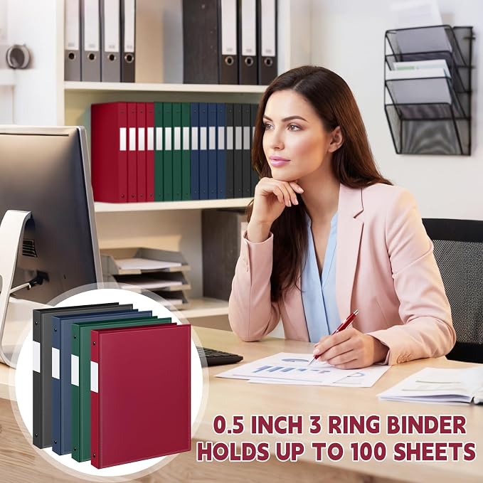 Henoyso 1/2 Inch 3 Ring Binders with Clear Front Cover and 2 Pockets, Round Ring Binders Fits 8.5'' x 11'' Letter Size Paper for School Office Supplies, 12 Pack (Assorted Classic Color)