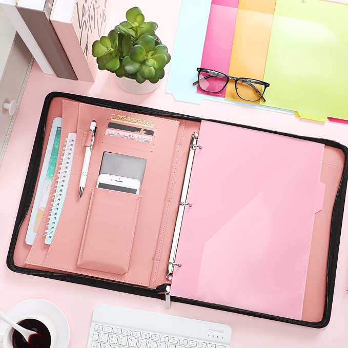 Gilprop 3 Ring Binder with Clipboard, 13.4"x11" Binder Padfolio,Pink | Faux Leather Binder Organizer with Zipper, 5 Folder Divider Pages for Documents Business Cards Teachers Nurses School Office