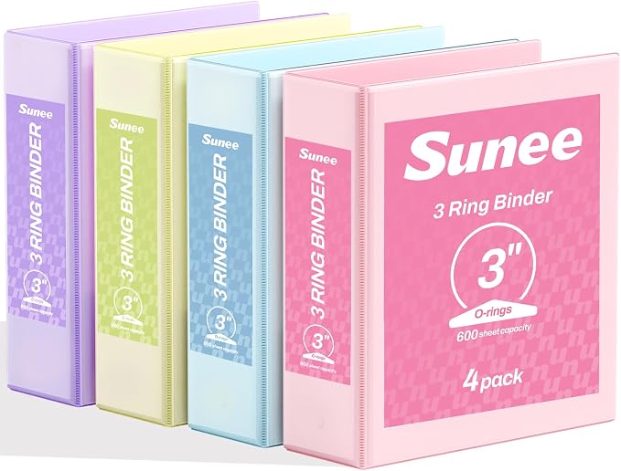 SUNEE 3 Ring Binder 3 Inch 4 Pack, 3" Large Clear View Binders Three Ring PVC-Free (Fit 8.5x11 Inches) for School or Office Supplies, Assorted Pastel