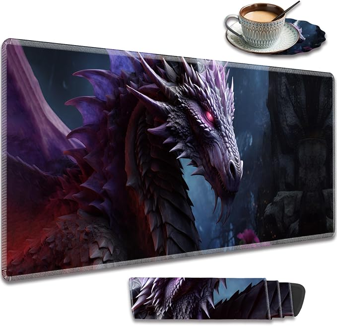 Extended Gaming Mouse Pad 31.5" x 11.8", with Edge Stitching, Non-Slip Rubber Base Keyboard Pad, Suitable for Work, Game, Office, Home and Coasters, Cool Dark Dragon
