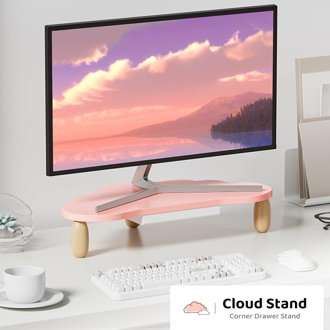 AFOOYO Monitor Stand Riser,Cloud-Shaped Sturdy Wood 16.5In Computer Monitor Riser Wirh Drawer, Multi-Purpose Desktop Organizer Riser for Computer,Laptop,Printer,TV,Pink